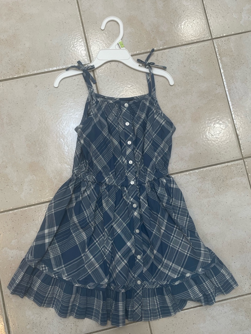 Girls Ralph Lauren Blue Plaid Button-Front Sundress with Tie Straps